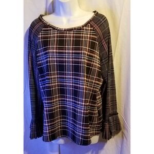 Hannah Red Black Plaid Blouse Women's Size‎ L Pleated Ruffle Cuff